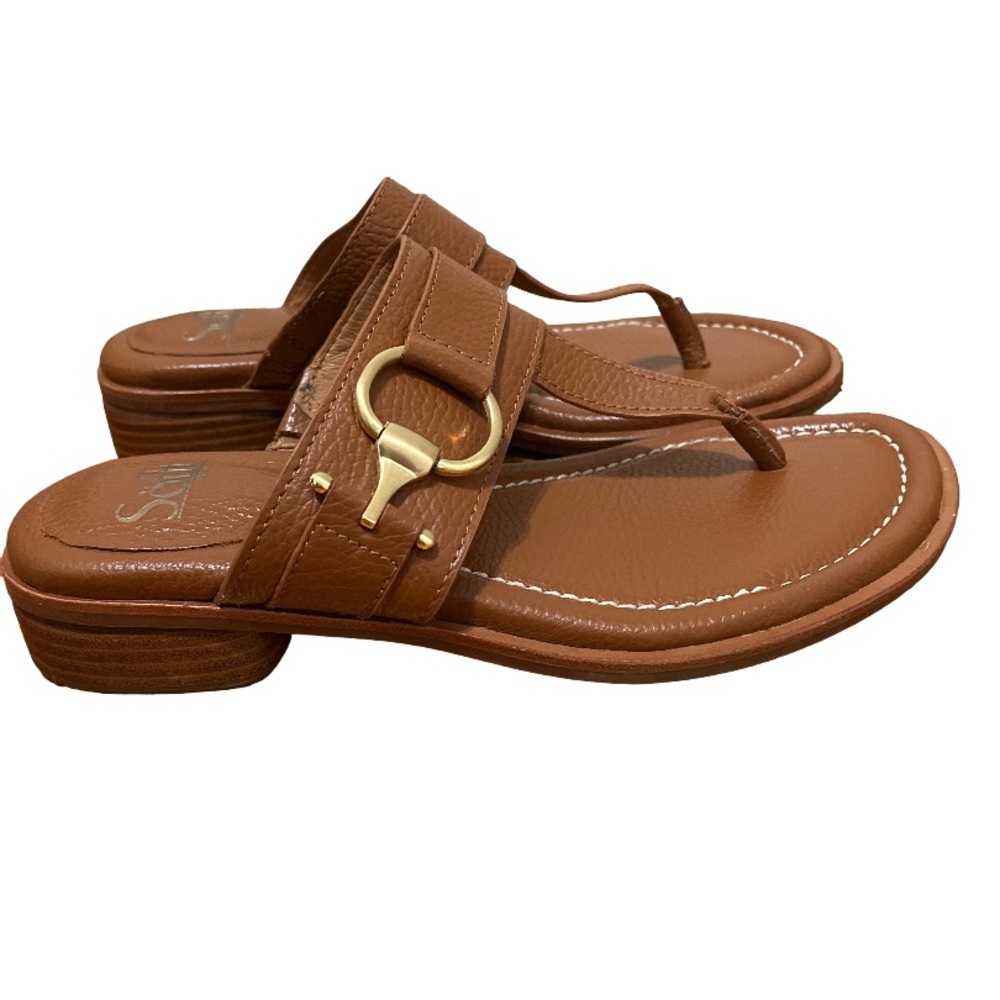 Sofft Brown Genuine Leather Sandals With Gold Hardware Accents